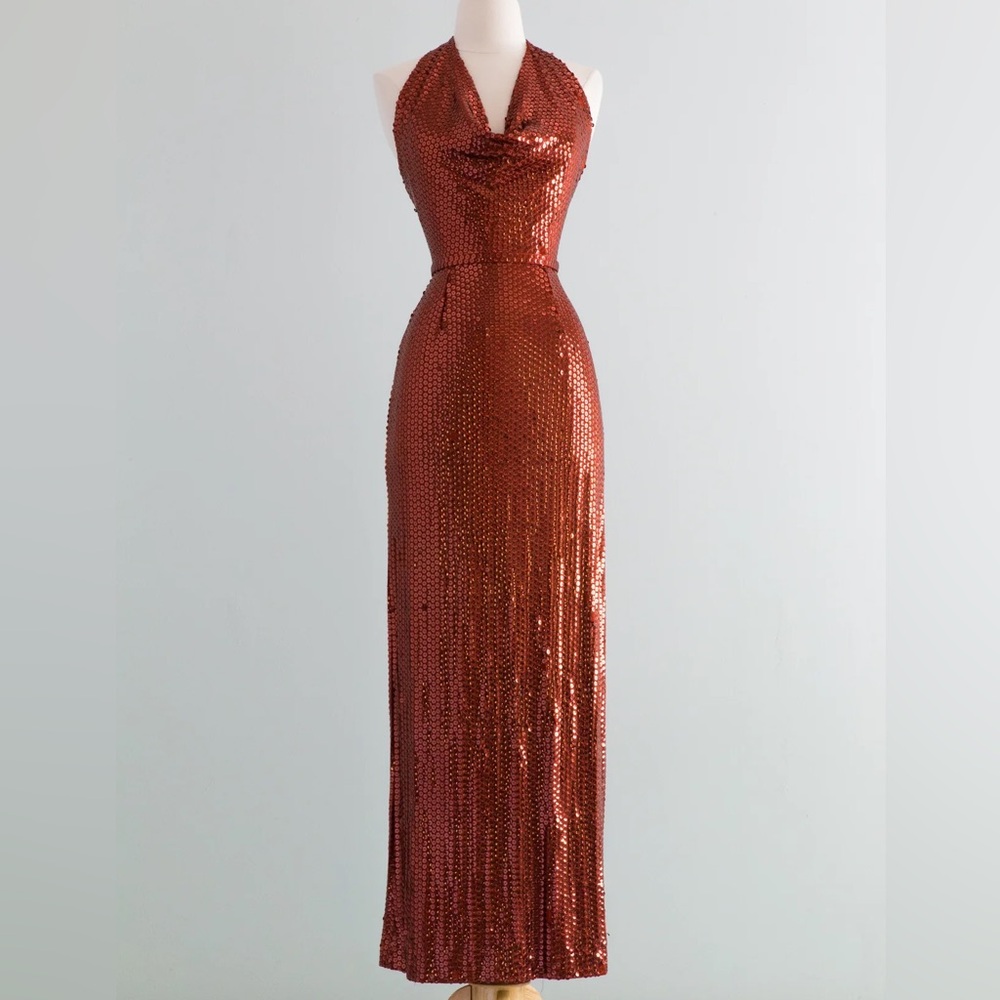 Vintage 1970s HOT LAVA Copper Sequined Halter Gown By Lillie Ruben / Small